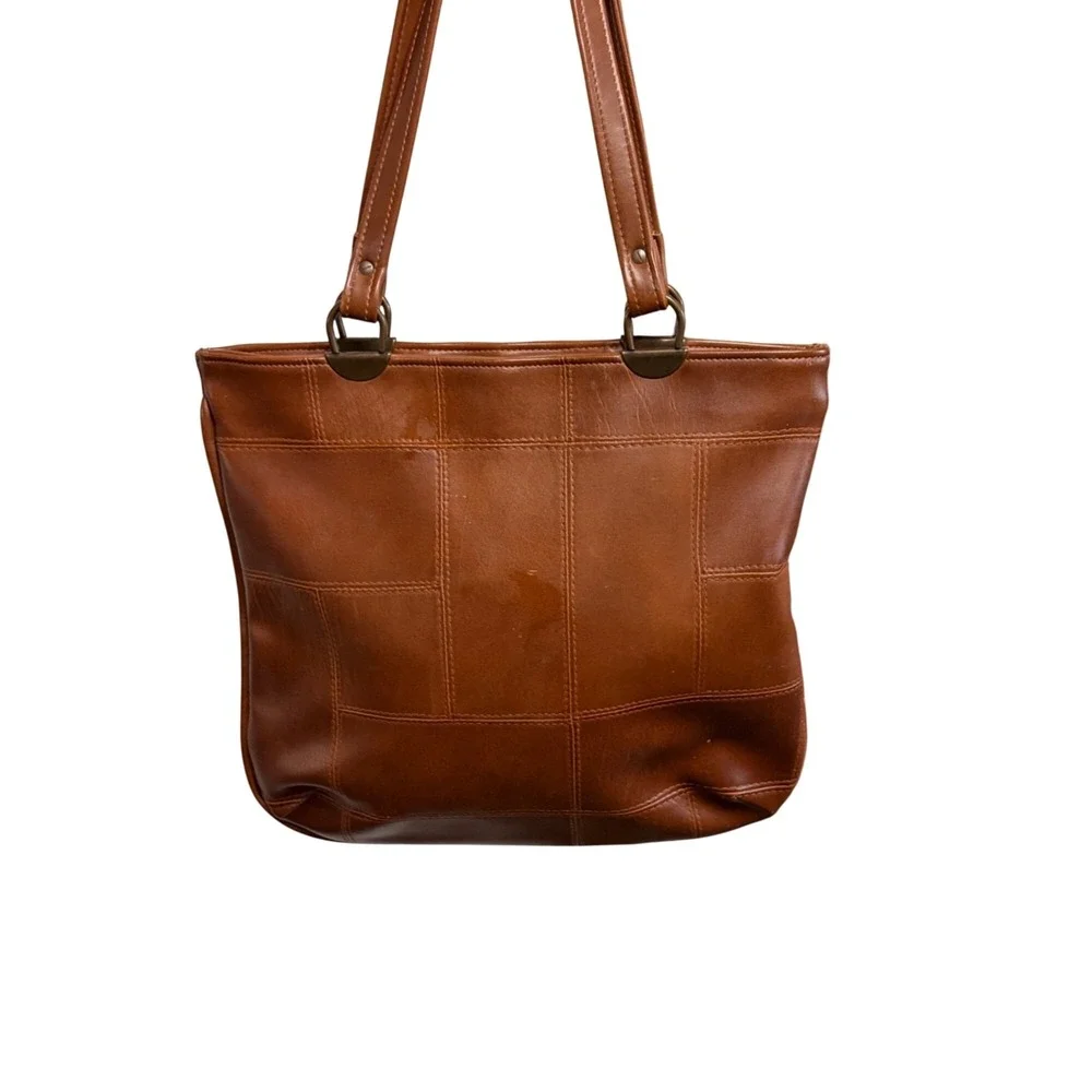 Vintage Patchwork Vegan Leather‎ Tote Purse Bag Tan Retro Minimalist Boho